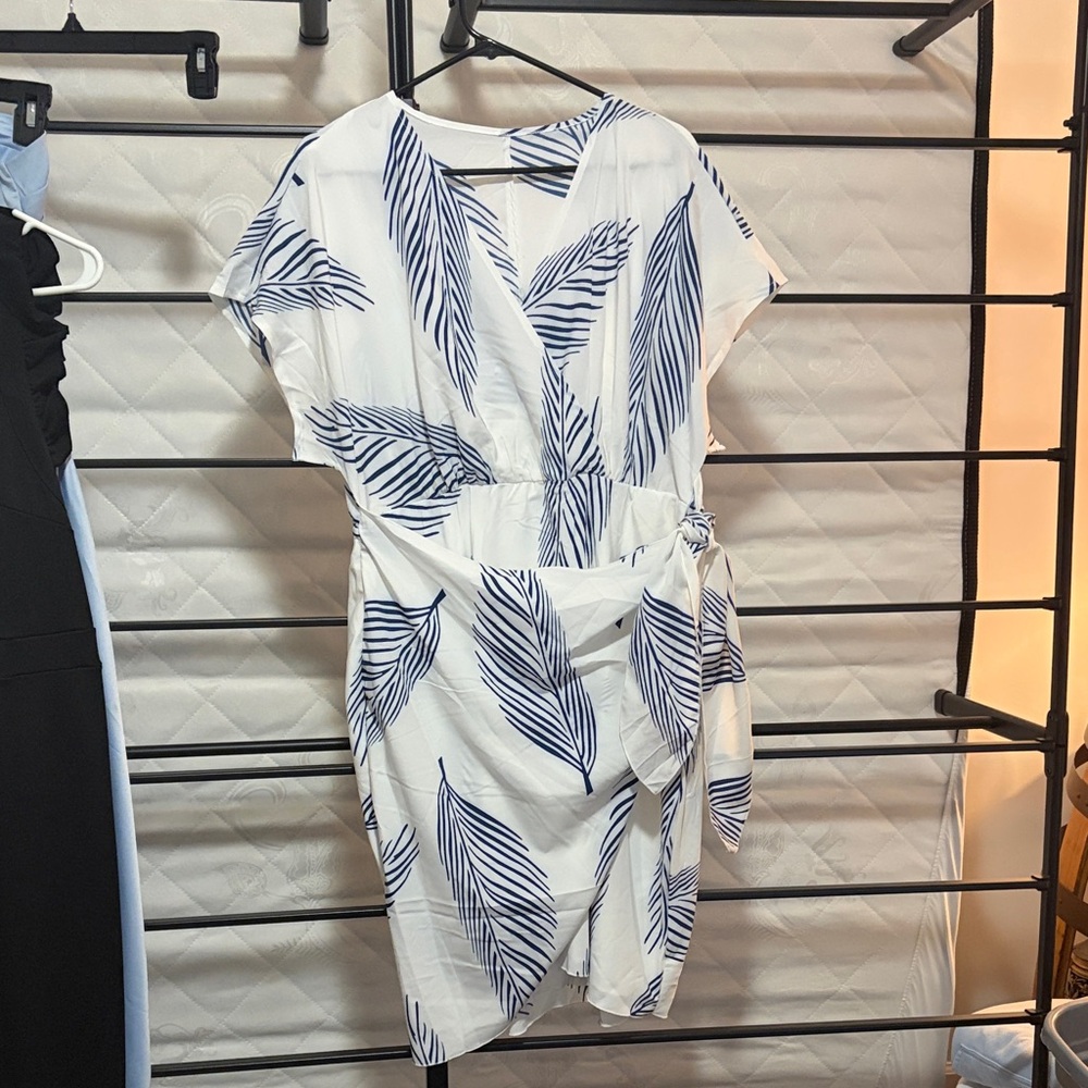 White and Blue Leaf Print Wrap Midi Dress